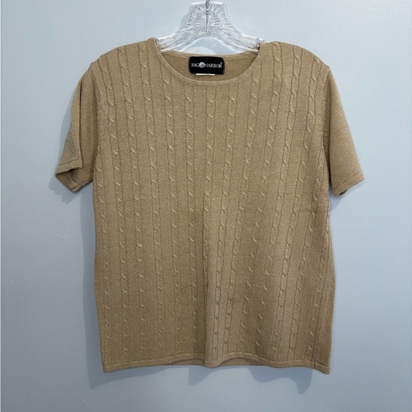Sag Harbor Sweaters - Sag Harbor Beige Cable Knit Short Sleeve Sweater Knitwear Cream Tan Crewneck